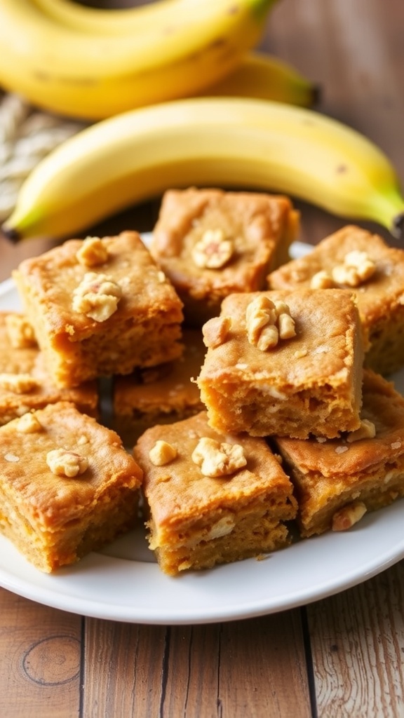 Banana Bread Blondies Recipe A plate of banana bread blondies with walnuts, showcasing a moist and chewy texture, on a rustic wooden table.